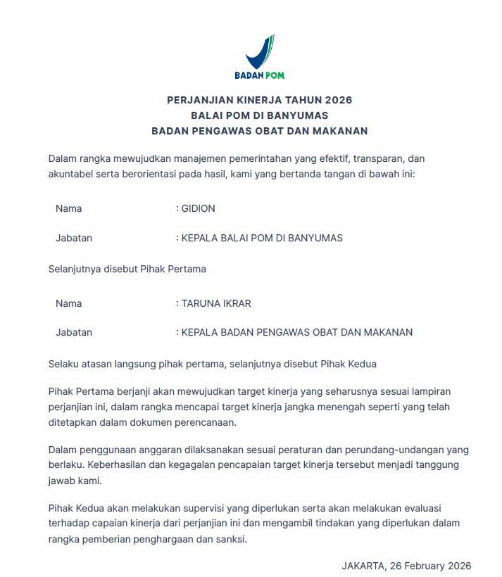 Perjanjian Kinerja Balai POM di Banyumas Tahun 2026