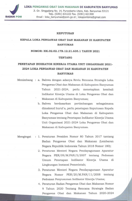 Penetapan Indikator Kinerja Utama Unit Organisasi 2021-2024 Loka Pengaws Obat dan Makanan di Kabupaten Banyumas