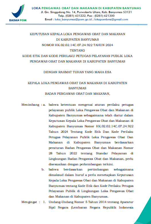 SK Kode Etik dan Kode Perilaku Pegawai Pelayanan Publik Loka POM di Kabupaten Banyumas