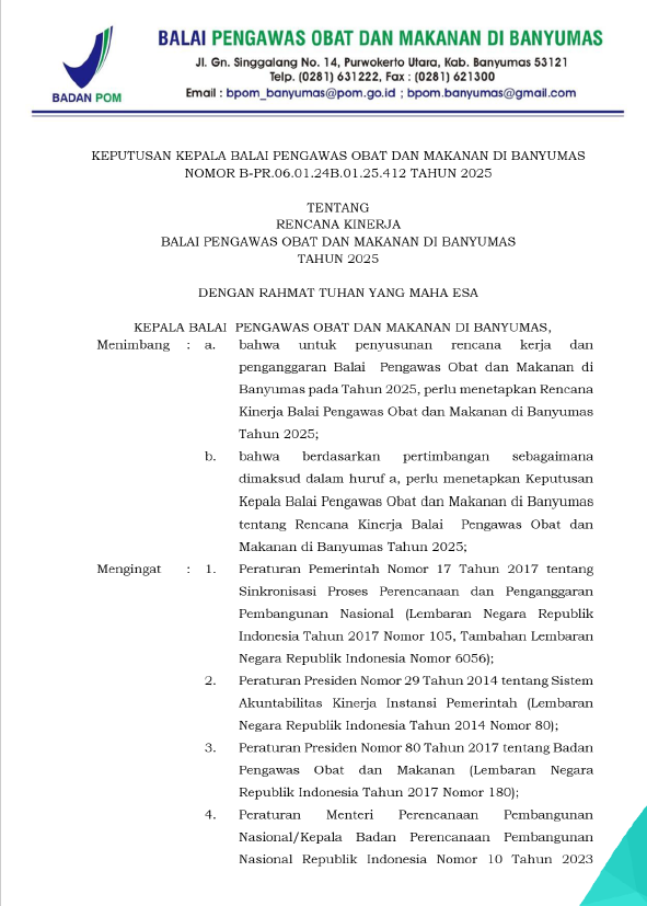 Rencana Kinerja Balai POM di Banyumas Tahun 2025 